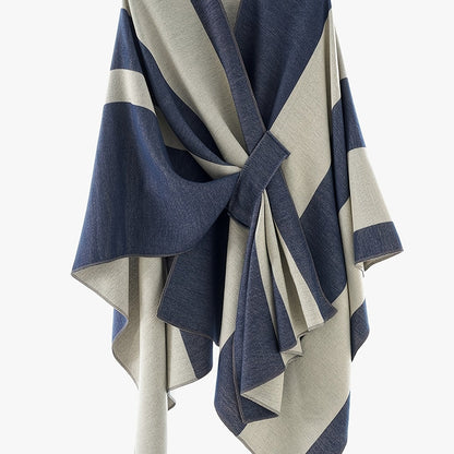 Damen Poncho Zweifarbig Gestreift Weicher Umhang mit V-Ausschnitt