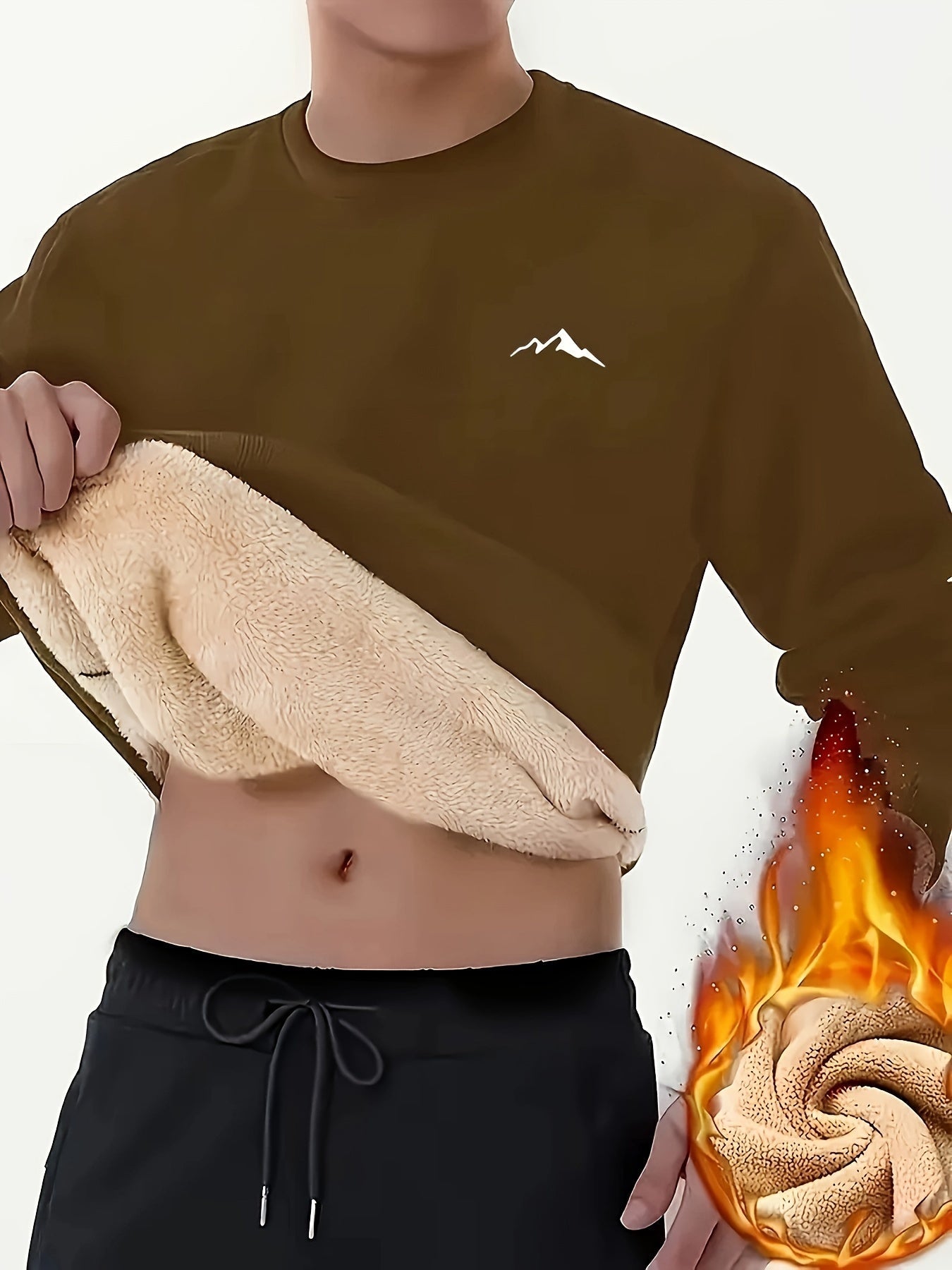 Men's long-sleeve shirt with mountain design, warm lining, crew neck, soft fleece interior