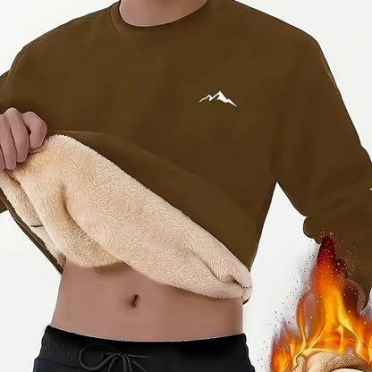 Men's long-sleeve shirt with mountain design, warm lining, crew neck, soft fleece interior