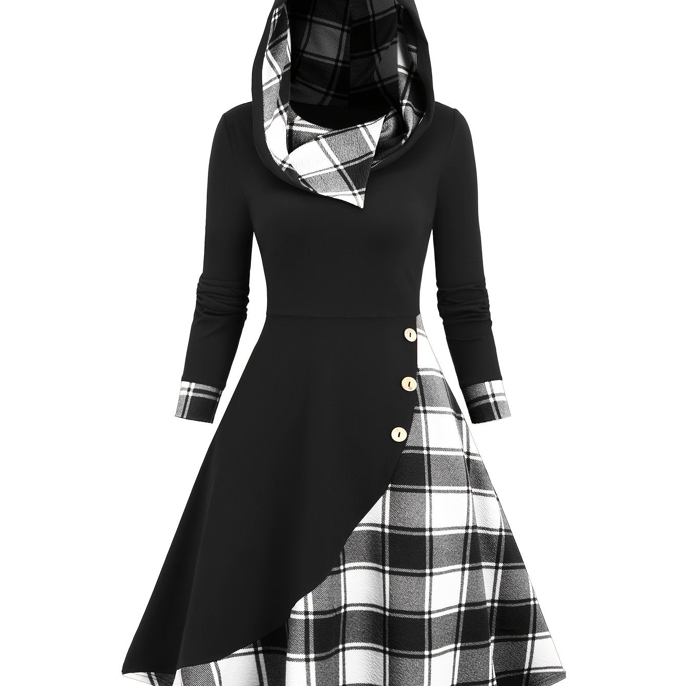 Damen Kapuzenkleid Schwarz mit kariertem Rock Schottenmuster