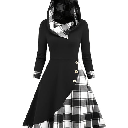 Damen Kapuzenkleid Schwarz mit kariertem Rock Schottenmuster