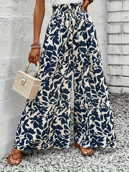 Women's Wide-Leg Pants with Paperbag Waist and Tropical Leaf Print – Perfect for Summer, Leisure & Vacation