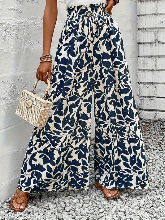 Women's Wide-Leg Pants with Paperbag Waist and Tropical Leaf Print – Perfect for Summer, Leisure & Vacation