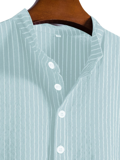 Men's Casual Short-Sleeve Shirt with Stand-Up Collar and Button Placket – Striped Regular Fit Summer Shirt