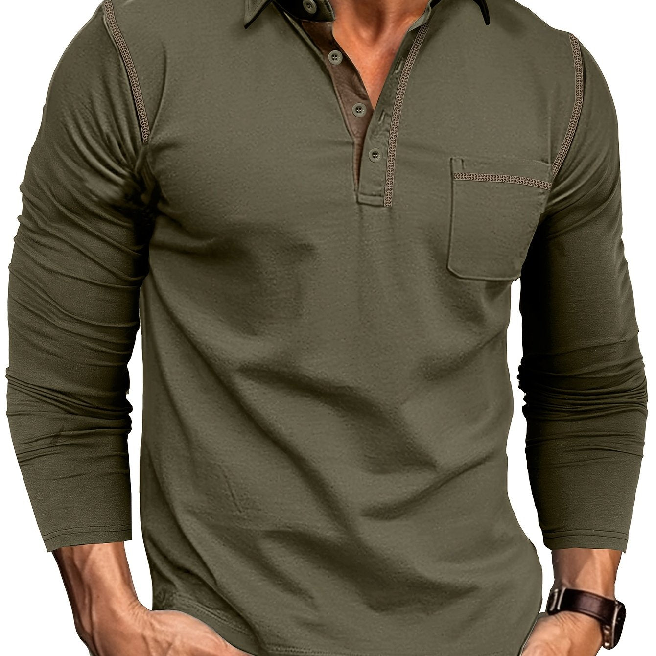 Men's long-sleeve polo shirt with chest pocket and contrast stitching