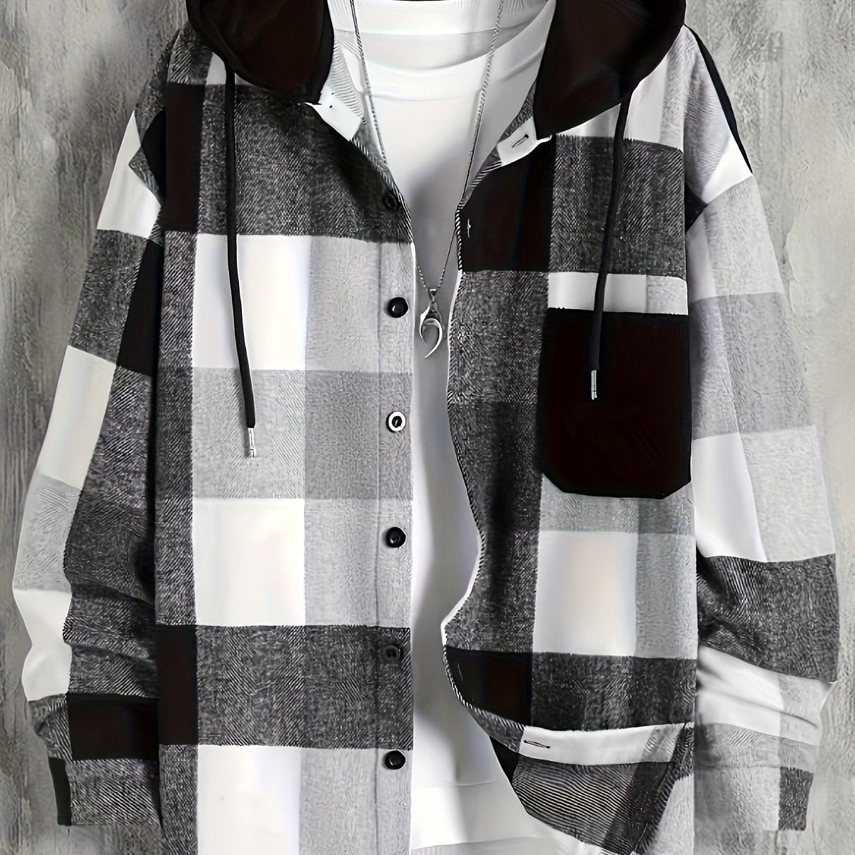 Men's checkered hooded shirt, button placket, black and white