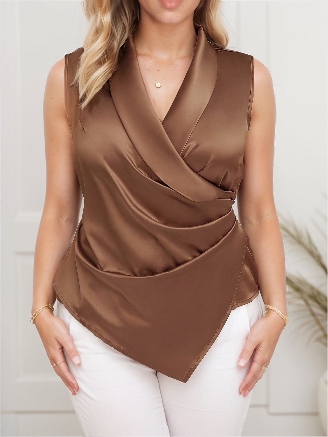 Women's Elegant Asymmetric Sleeveless Wrap Blouse for Office and Leisure