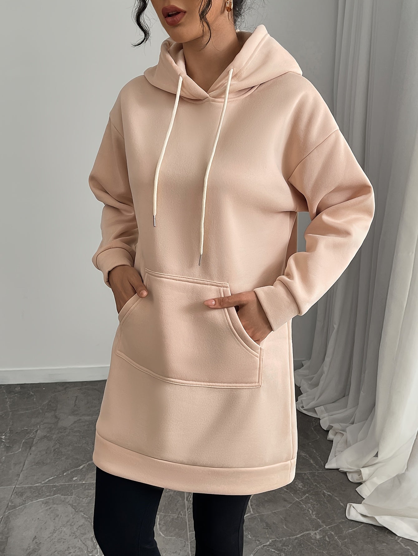 Damen Langarm Hoodie-Kleid mit Kapuze und Kängurutasche