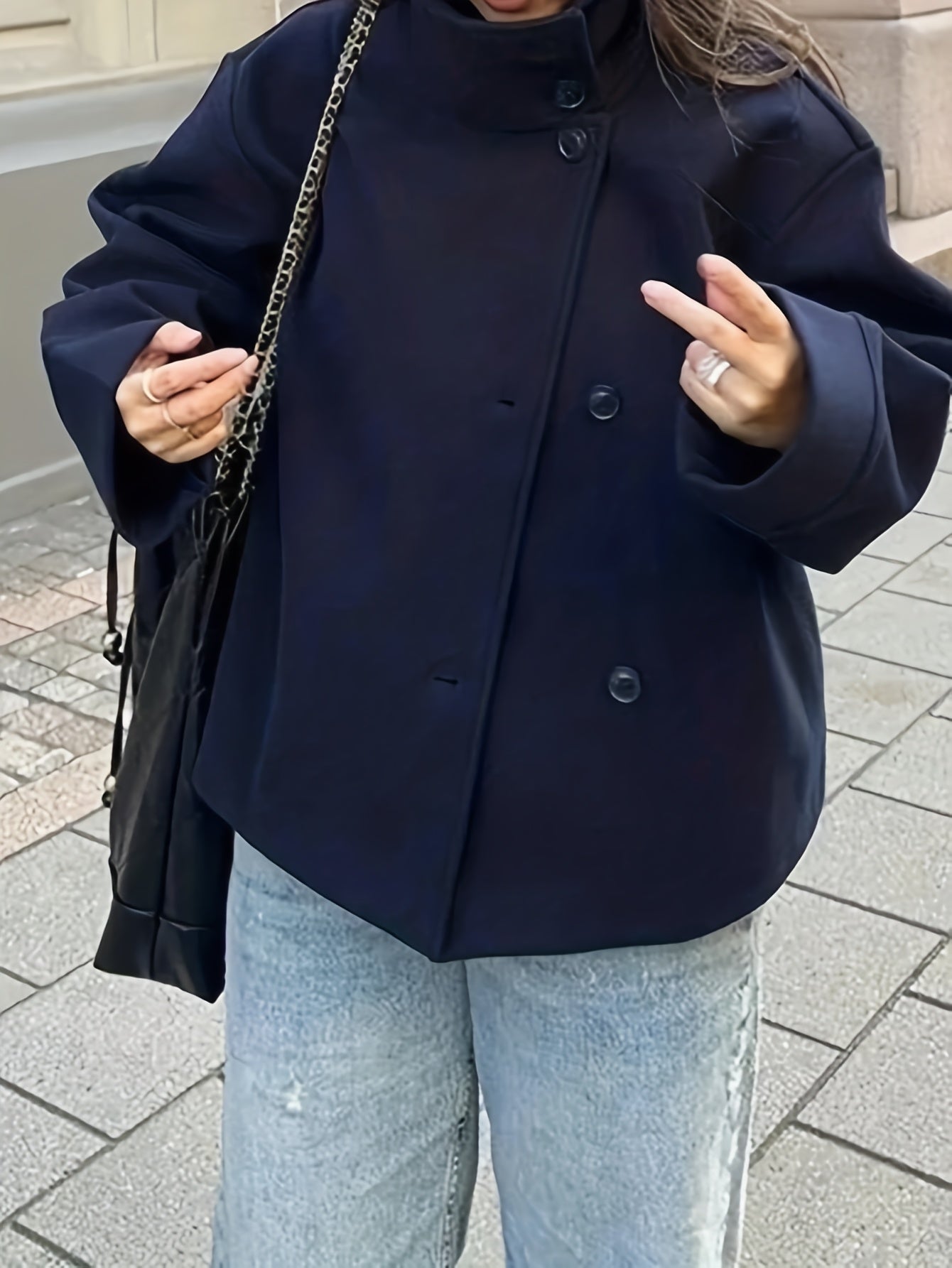 Women's short jacket with stand-up collar, button placket, relaxed fit