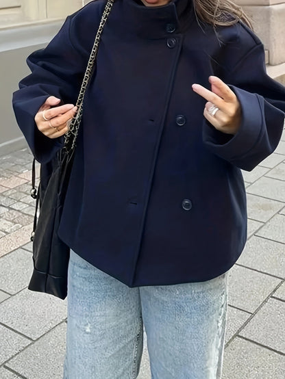 Women's short jacket with stand-up collar, button placket, relaxed fit