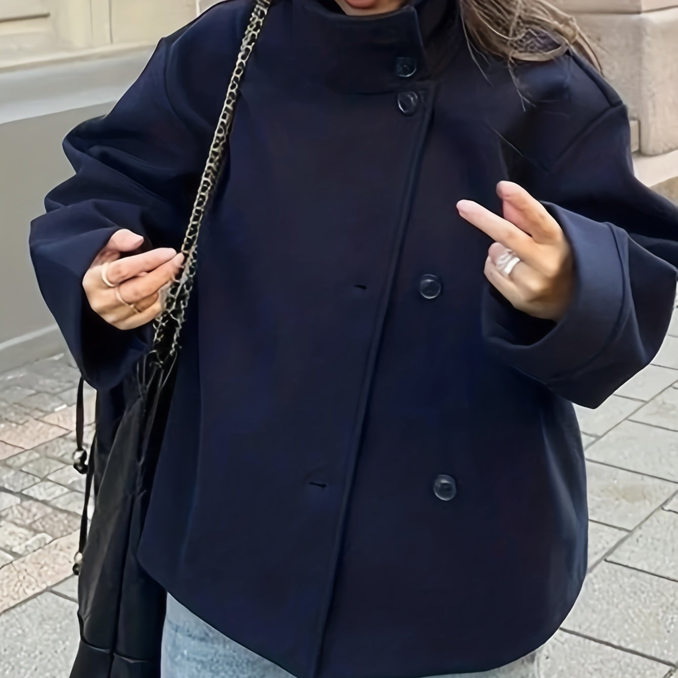 Women's short jacket with stand-up collar, button placket, relaxed fit
