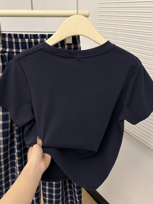 Women's Pajama Set Short-Sleeve Shirt & Checked Pants – Comfortable Summer Sleepwear