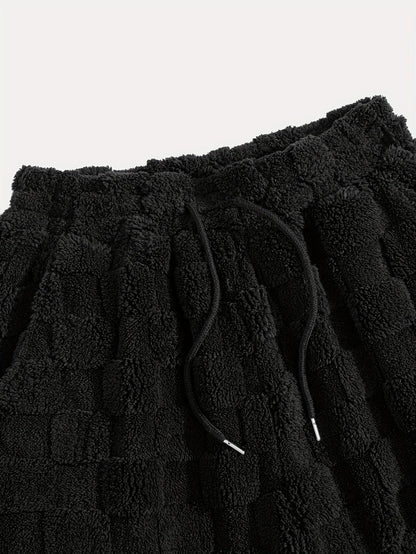 Unisex fluffy sweatpants with a plaid pattern and drawstring, White