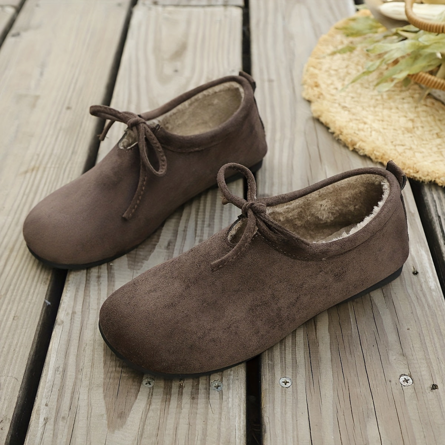Women's slip-on shoes, bow design, warm-lined casual shoes