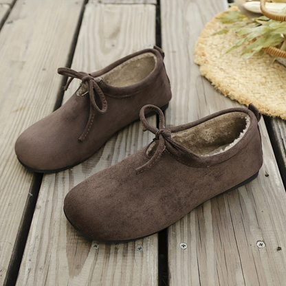 Women's slip-on shoes, bow design, warm-lined casual shoes