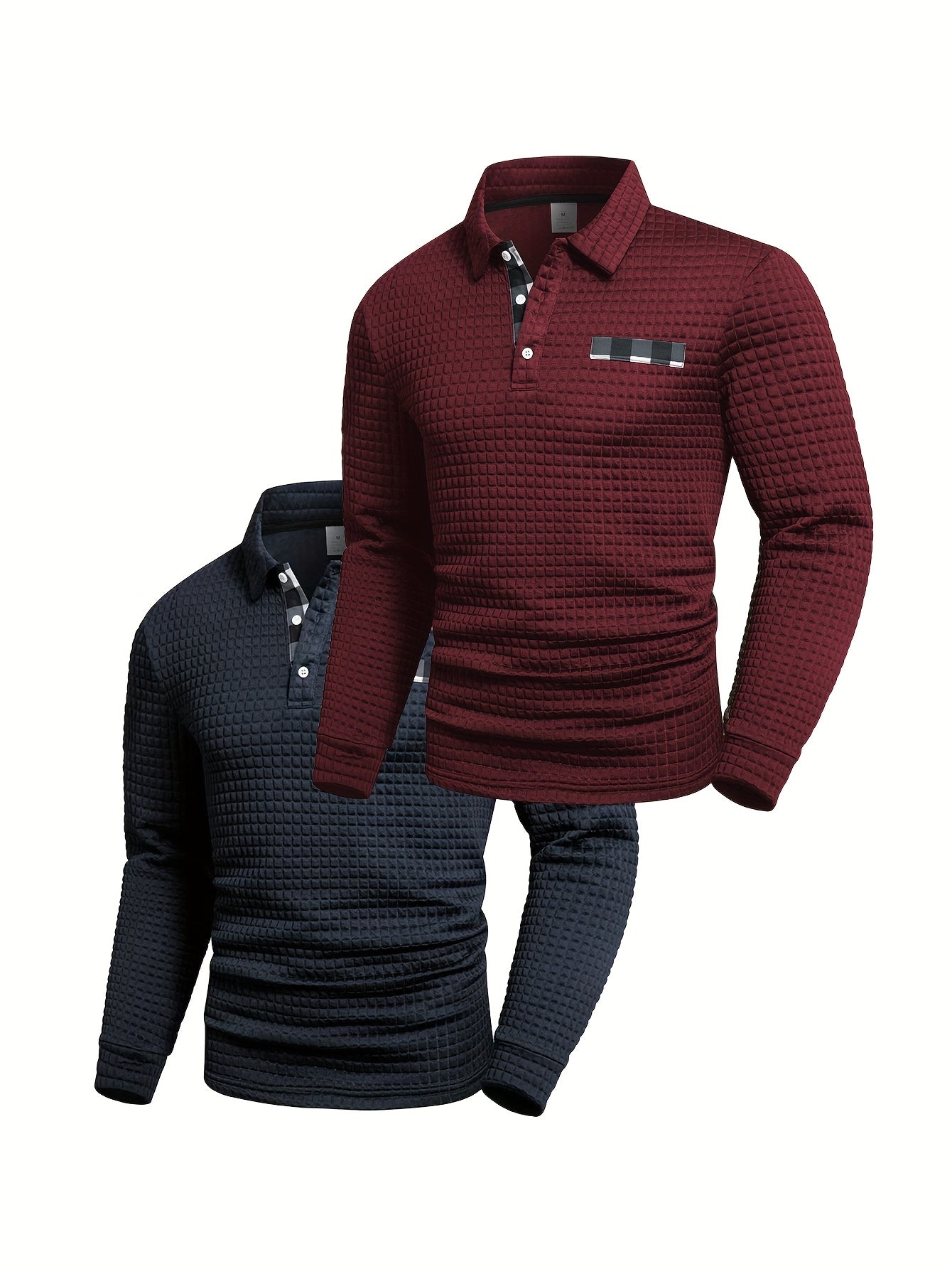 Men's long-sleeved polo shirt with a waffle texture and checked collar, navy blue and army green