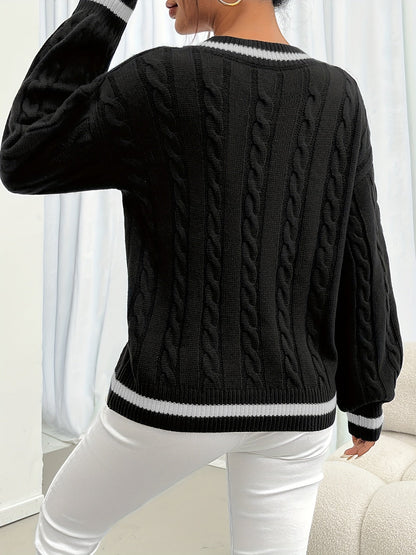Damen Zopfstrick Pullover V-Ausschnitt Gestreifte Ärmel