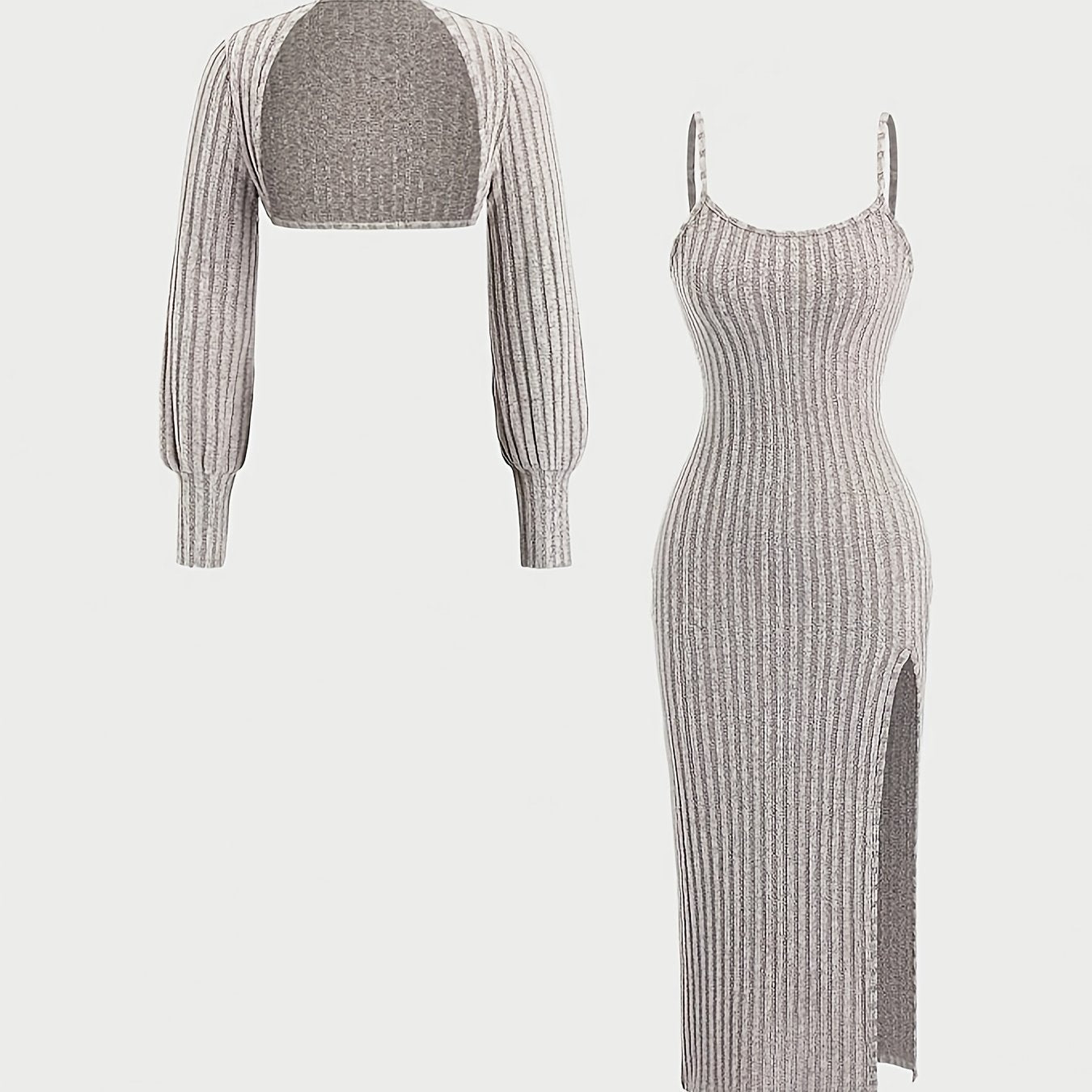 Women's ribbed spaghetti-strap dress and bolero knit set with side slit