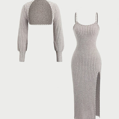 Women's ribbed spaghetti-strap dress and bolero knit set with side slit