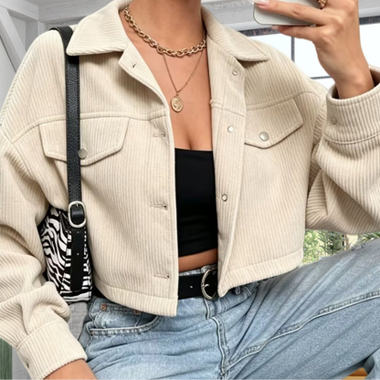 Short women's corduroy jacket with a collar and chest pockets