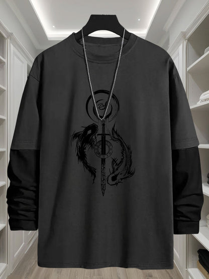 Unisex long-sleeve shirt with layered look, sword and fish graphic, black and white