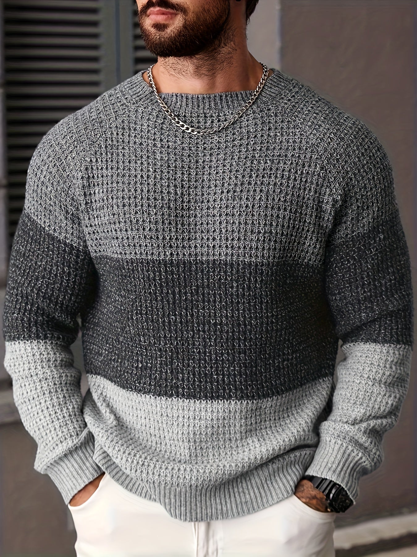 Herren Grobstrickpullover Rundhals Mehrfarbig Gestreift Langarm