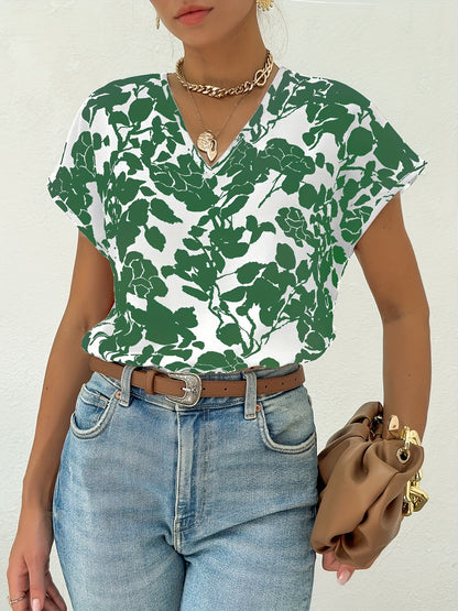 Women's Elegant Summer Blouse Shirt with Floral Pattern and V-Neck, Casual Wear