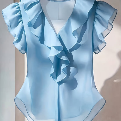 Women's blouse with ruffles and V-neck – Elegant frilled blouse for office and leisure