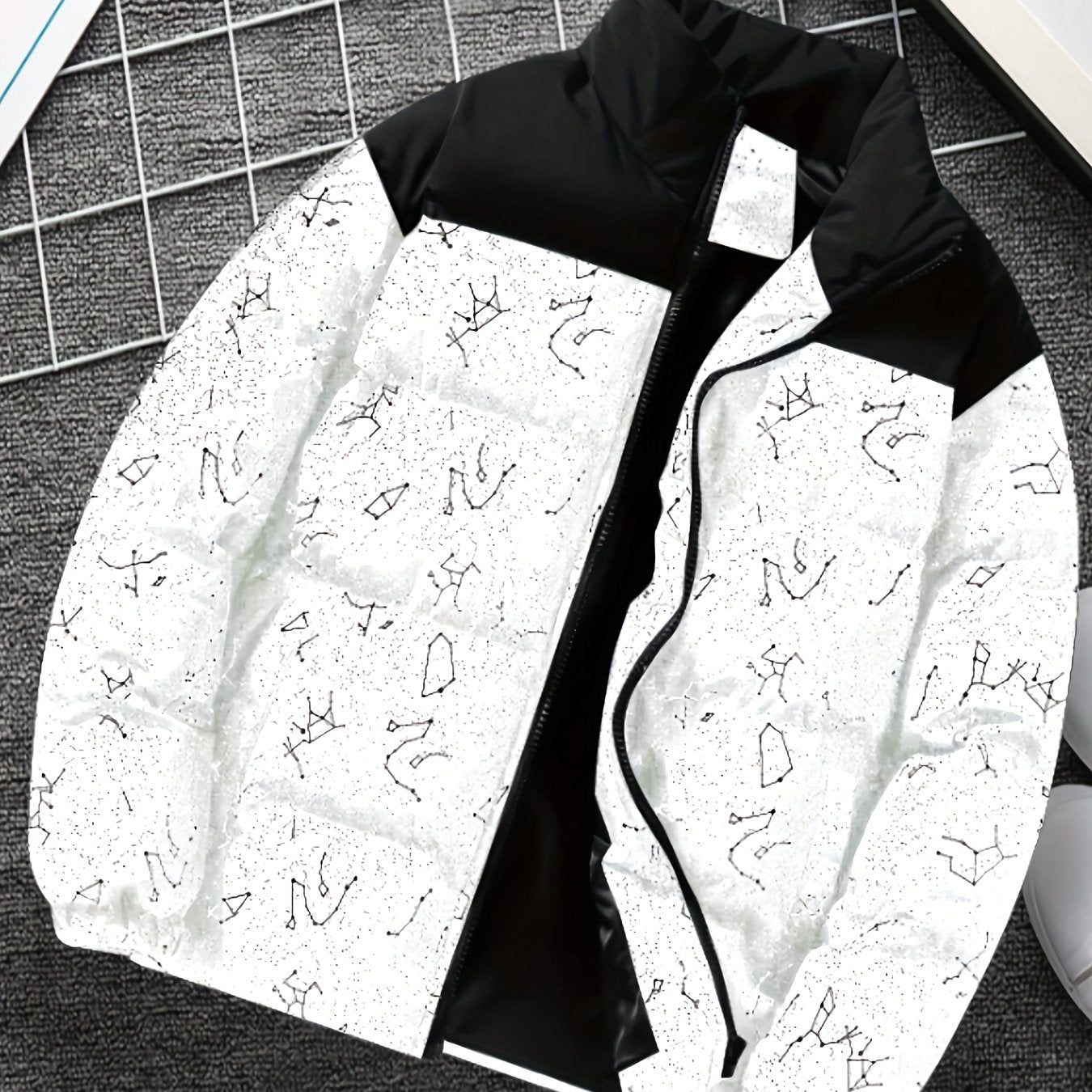 Padded jacket with constellation print, zipper, and stand-up collar