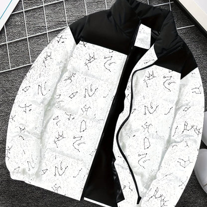 Padded jacket with constellation print, zipper, and stand-up collar