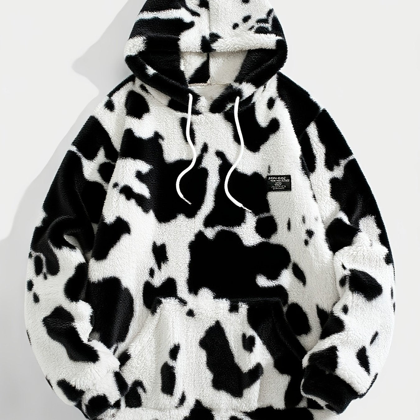 Teddyfleece Hoodie Kuhflecken-Muster mit Kängurutasche und Kapuze