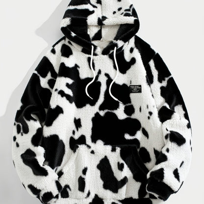 Teddyfleece Hoodie Kuhflecken-Muster mit Kängurutasche und Kapuze