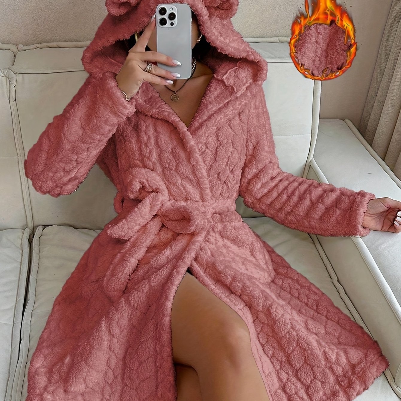 Women's long fluffy bathrobe with hood and ears, lilac purple