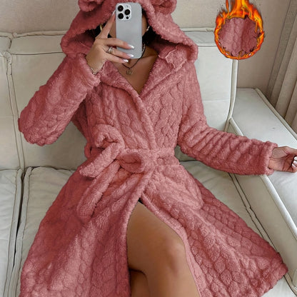 Women's long fluffy bathrobe with hood and ears, lilac purple