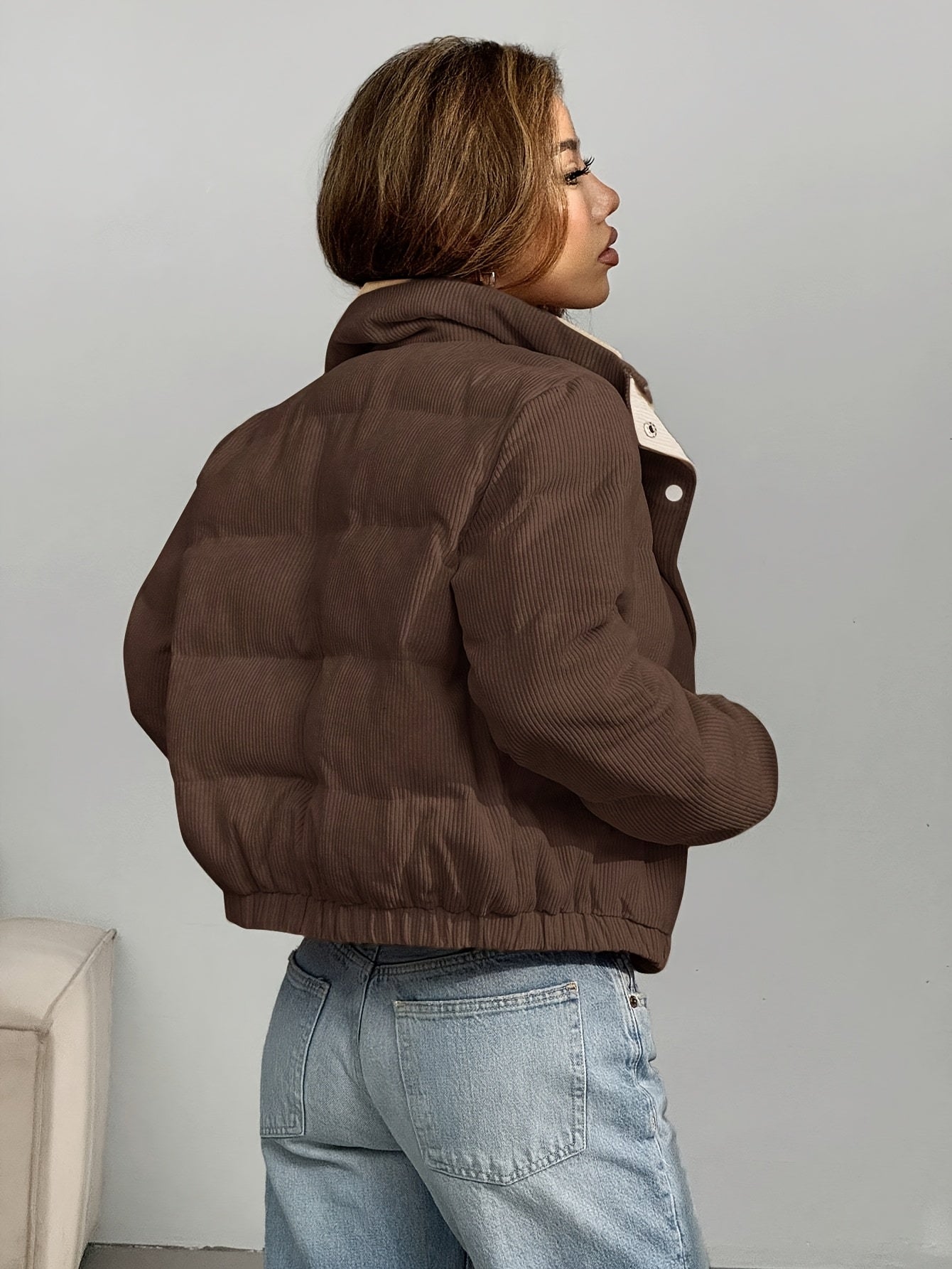 Damen Cord Pufferjacke Kurz Reverskragen Beige Rosa