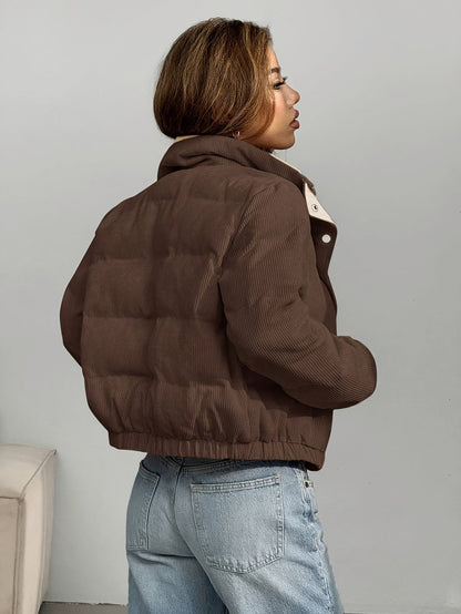 Damen Cord Pufferjacke Kurz Reverskragen Beige Rosa