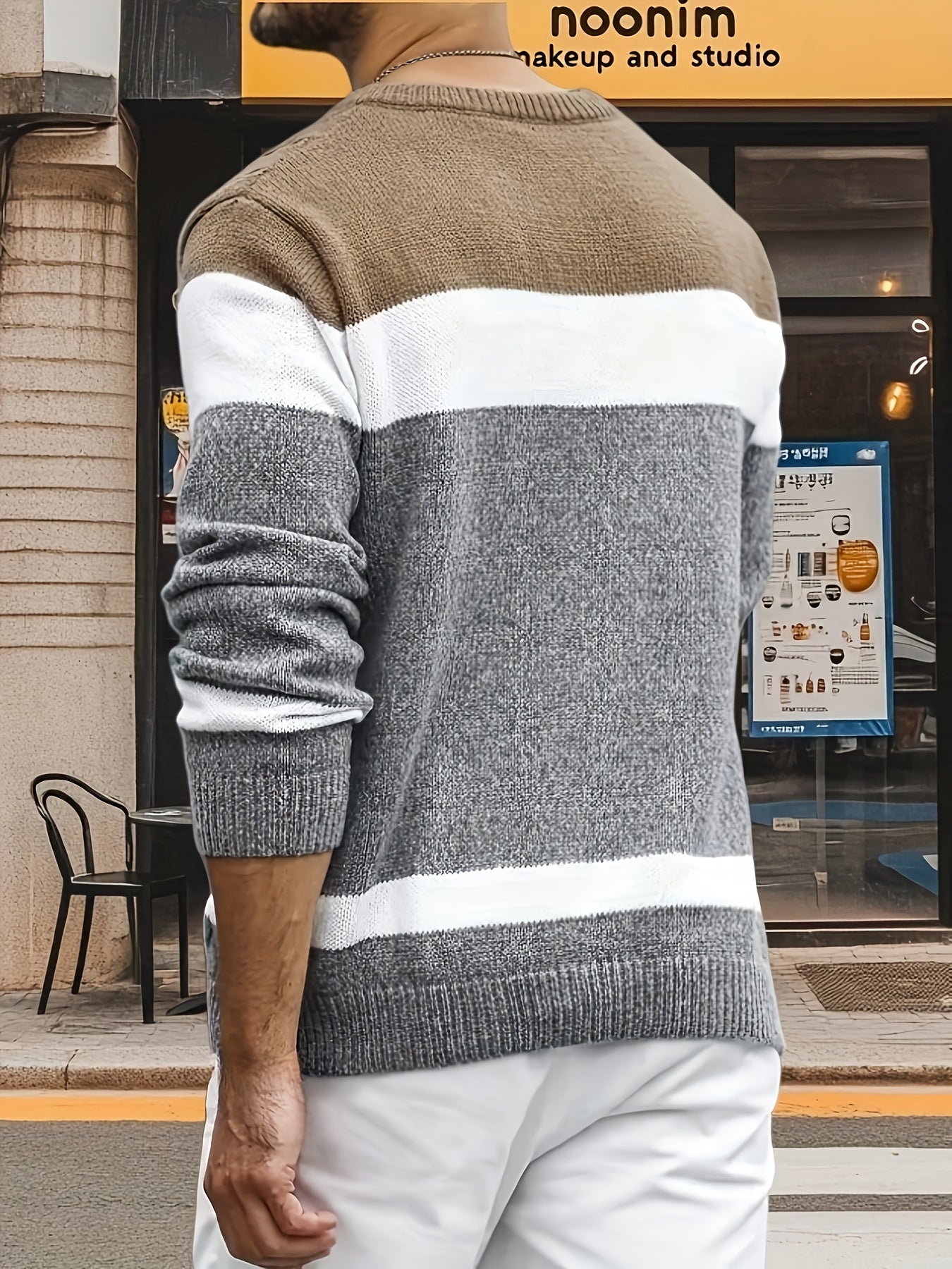 Herren Grobstrick Pullover mit Zopfmuster, farbblockiert, Rundhalsausschnitt