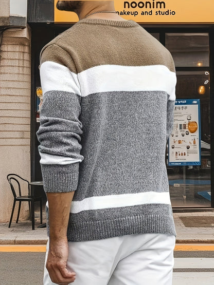 Herren Grobstrick Pullover mit Zopfmuster, farbblockiert, Rundhalsausschnitt