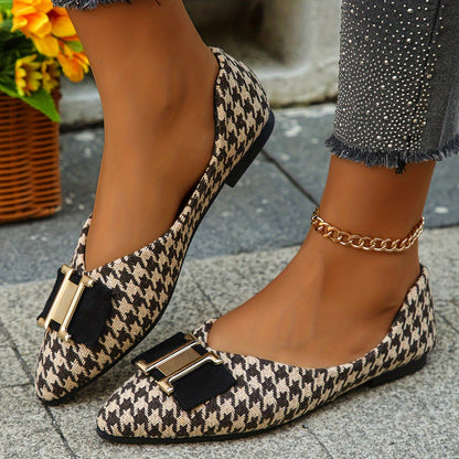 Women's Elegant Houndstooth Lace Shoes with Bow Detail – Stylish Everyday Ballet Flats for Spring & Office