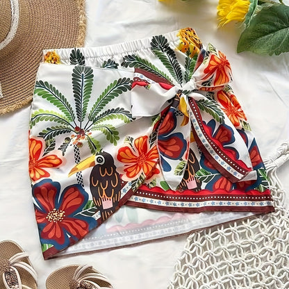 Women's Mini Beach Wrap Skirt with Tropical Pattern and Bow – Summery Vacation Style