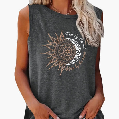 Women's Boho-Style Tank Top with Sun and Moon Print – Summer Casual Shirt