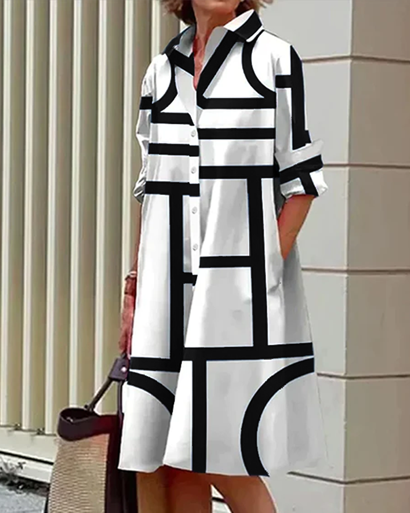 Damen Hemdblusenkleid Oversize mit geometrischem Muster – Stilvolles Freizeit- und Büro-Outfit