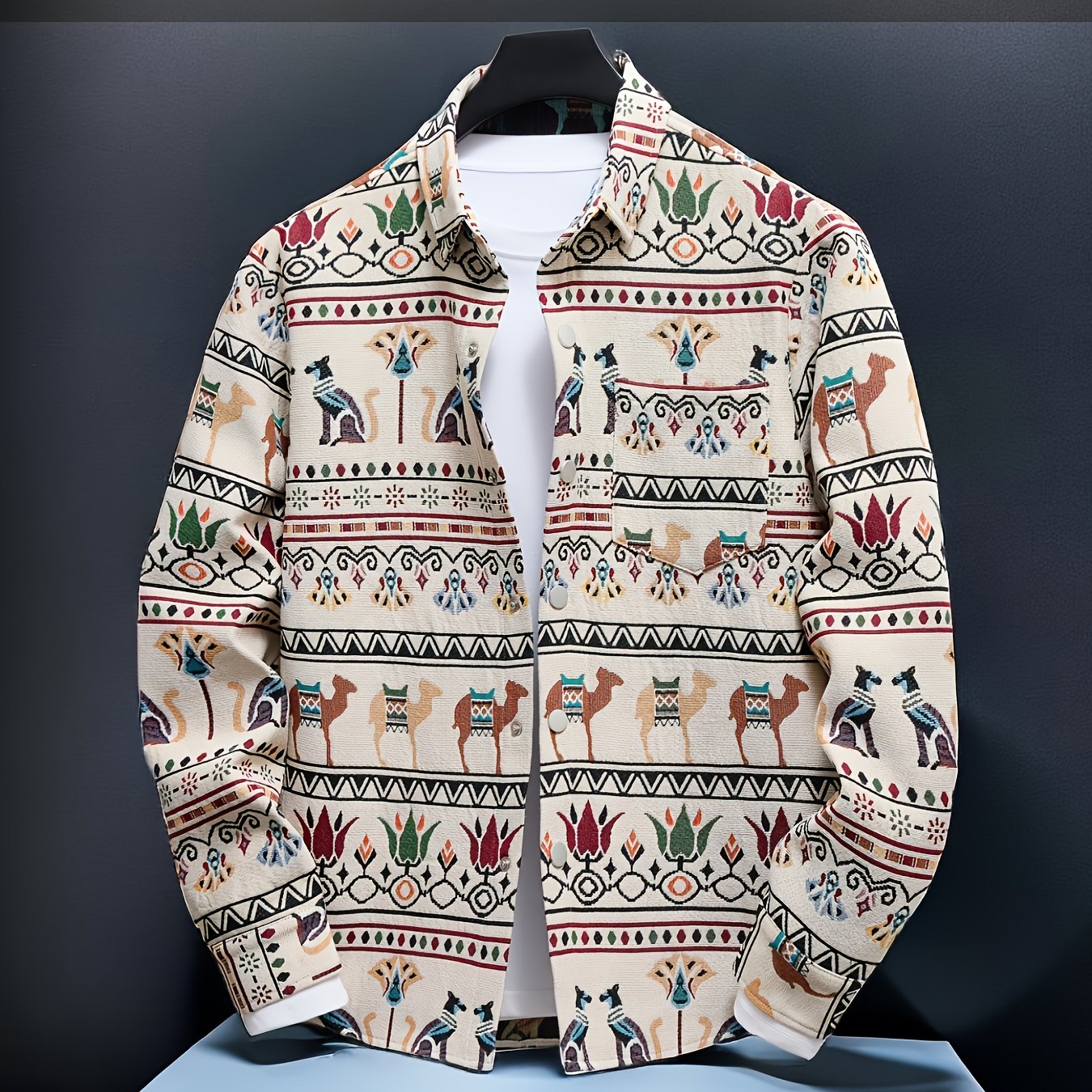 Men's casual long-sleeve shirt, patterned, ethnic print, beige