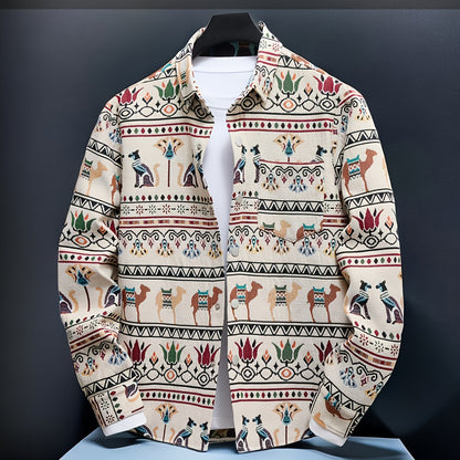 Men's casual long-sleeve shirt, patterned, ethnic print, beige