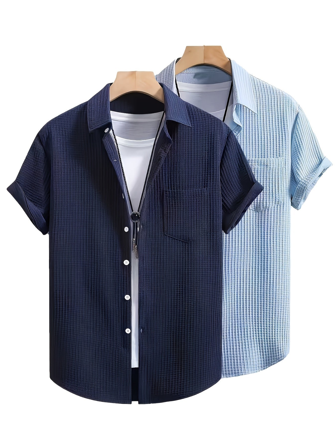 Men's Structured Short-Sleeve Casual Shirt – Fashionable Waffle Pattern, Ideal for Vacation & Everyday Wear