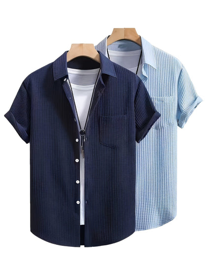 Men's Structured Short-Sleeve Casual Shirt – Fashionable Waffle Pattern, Ideal for Vacation & Everyday Wear