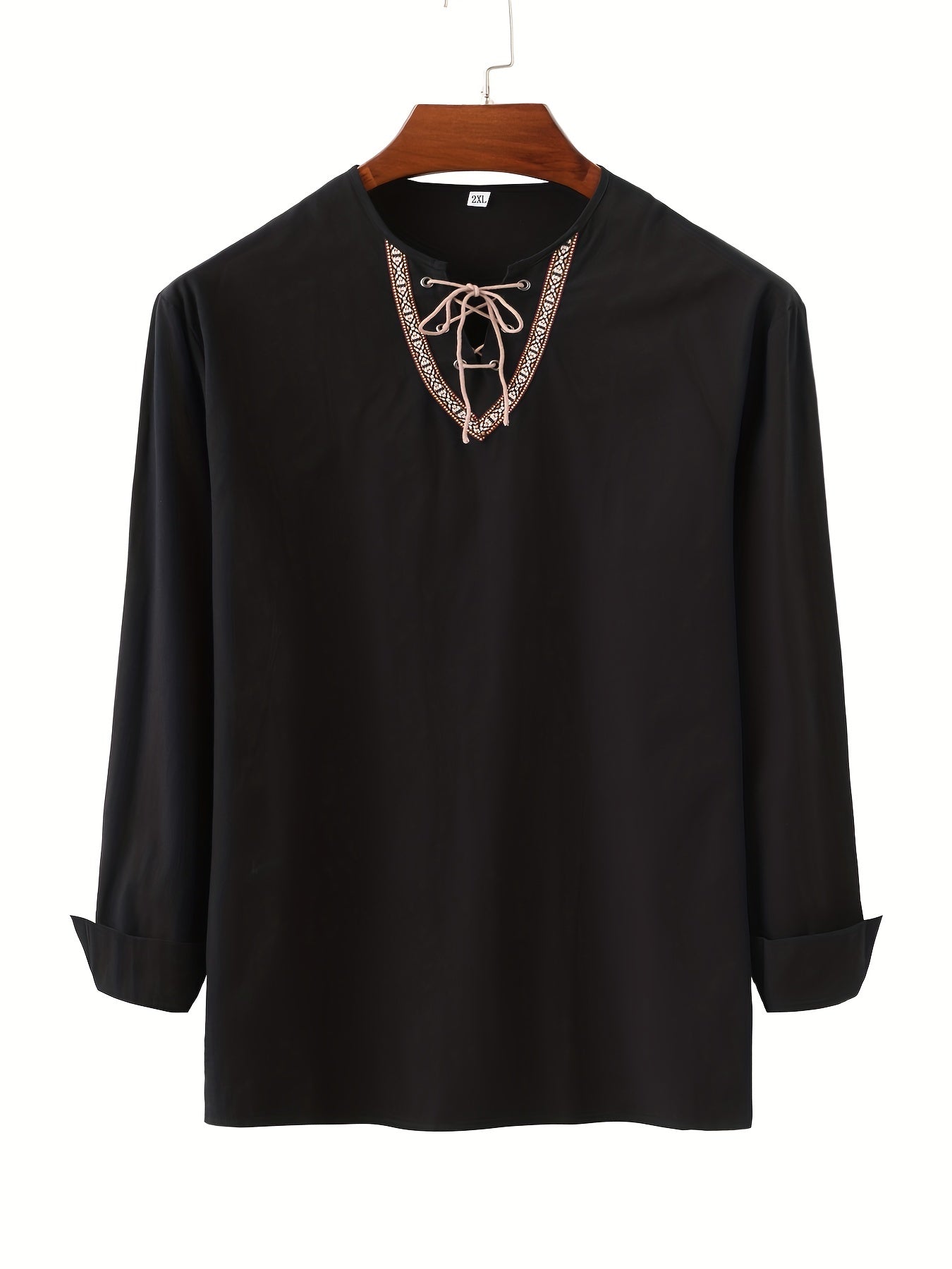 Herren Vintage Langarmshirt mit Schnürung und geometrischem Muster am Kragen