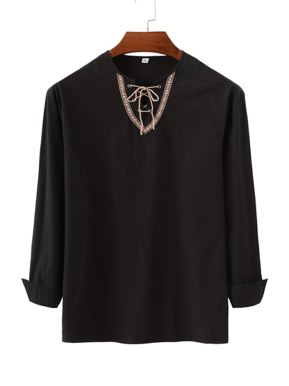 Herren Vintage Langarmshirt mit Schnürung und geometrischem Muster am Kragen