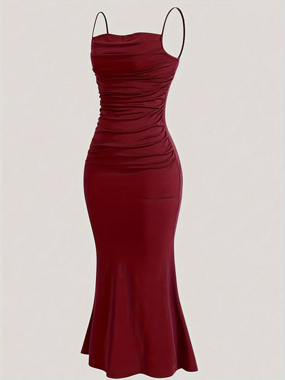 Women's evening dress with spaghetti straps and figure-flattering ruching – elegant maxi dress for festive occasions