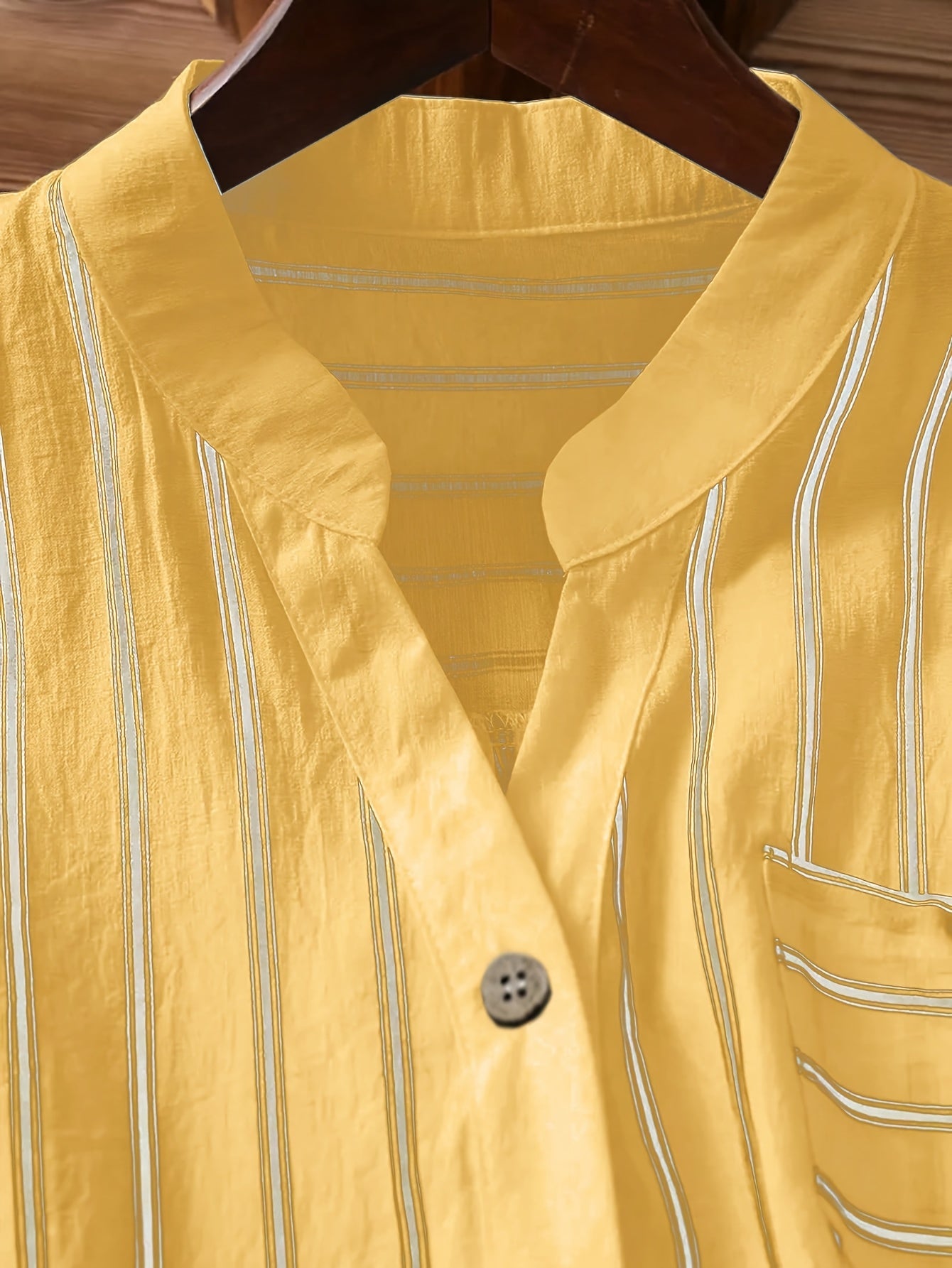 Women's short-sleeve blouse with stand-up collar and button placket – Casual stripes, summer tunic, office & leisure